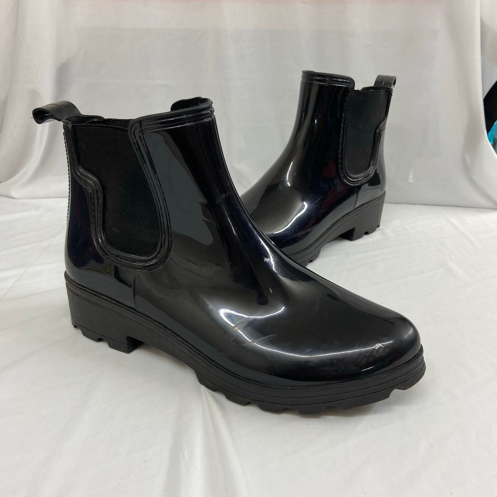 Capelli New York women's black glossy rubber ankle rain boots stretch slip on 11